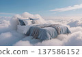 Gentle daylight, a clear blue sky, and voluminous white clouds around the bed form a light, dreamy atmosphere of romance and tranquility, while the open areas of sky and clouds provide enough copy 137586152