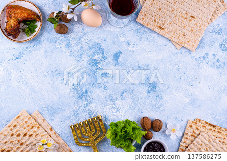 Traditional Passover Seder plate with symbolic foods. Symbolic of Jewish holiday Pesah. Traditional Passover Seder plate with symbolic foods. Symbolic of Jewish holiday Pesah. 137586275