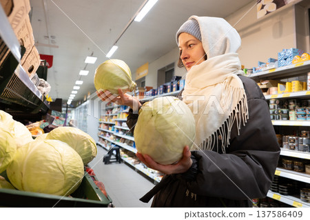 Woman choosing cabbage for grocery shopping at supermarket Woman choosing cabbage for grocery shopping at supermarket 137586409