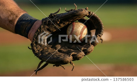 Extreme close-up of worn leather baseball glove catching a fastball with dirt stains 137586503
