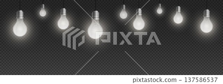 Glowing light bulbs illuminating ideas on transparent background 137586537