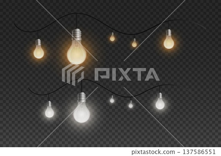 Decorative light string glowing with warm and cool bulbs 137586551