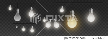 Glowing light bulbs representing new idea on transparent background Glowing light bulbs representing new idea on transparent background 137586635