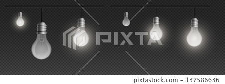 Light bulbs hanging on wire, some glowing Light bulbs hanging on wire, some glowing 137586636