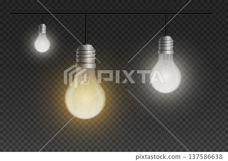 Light bulbs hanging from track illuminating transparent background 137586638