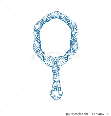 Line art illustration of a hand mirror made of seashells. A feminine accessory for coastal-style weddings. Beauty accessory. Vector outline clipart in blue. Line art illustration of a hand mirror made of seashells. A feminine accessory for coastal-style weddings. Beauty accessory. Vector outline clipart in blue. 137586793
