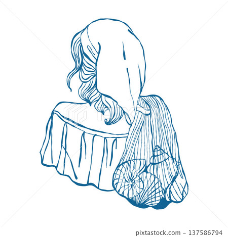Line art illustration of a girl carrying a wicker bag filled with seashells over her shoulder. Rear view. Vector outline clip art in blue.  137586794