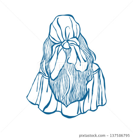 A line sketch illustration of a girl with long hair wearing a bandana. View from the back. Vector outline drawing in blue. Summer beach illustration of a woman. 137586795