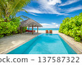 Radiant luxury beach resort with private pool and sun beds overlooking turquoise ocean serene palm trees summer vacation tranquil tropical travel paradise 137587322