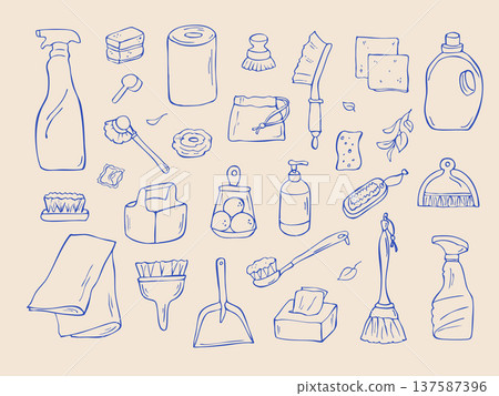 Hand drawn cleaning supplies doodle set Hand drawn cleaning supplies doodle set 137587396