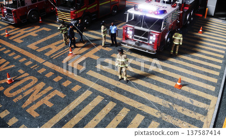 Fire station. A firefighter stands next to a fire engine. Fire trucks, their lights on, are ready to go. 3d rendering. 137587414