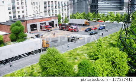 Fire truck quickly leaves for the call, garage door at fire department opens. 3d rendering. 137587415