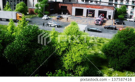 Fire truck quickly leaves for the call, garage door at fire department opens. 3d rendering. Fire truck quickly leaves for the call, garage door at fire department opens. 3d rendering. 137587416
