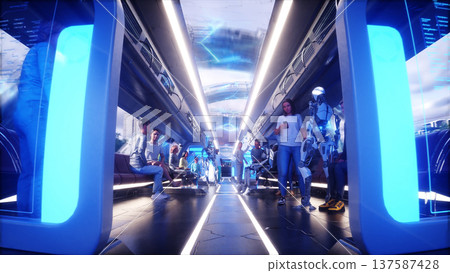 Flying sci fi futuristic passenger train. Interior. People and robots. Future concept . 3d rendering. Flying sci fi futuristic passenger train. Interior. People and robots. Future concept . 3d rendering. 137587428
