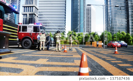 Fire station. A firefighter stands next to a fire engine. Fire trucks, their lights on, are ready to go. 3d rendering. Fire station. A firefighter stands next to a fire engine. Fire trucks, their lights on, are ready to go. 3d rendering. 137587436
