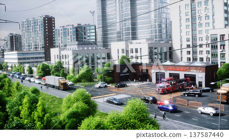 Fire truck quickly leaves for the call, garage door at fire department opens. 3d rendering. Fire truck quickly leaves for the call, garage door at fire department opens. 3d rendering. 137587440