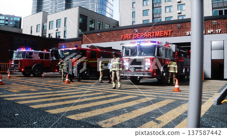 Fire station. A firefighter stands next to a fire engine. Fire trucks, their lights on, are ready to go. 3d rendering. Fire station. A firefighter stands next to a fire engine. Fire trucks, their lights on, are ready to go. 3d rendering. 137587442
