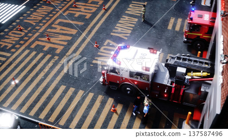 Fire truck quickly leaves for the call, garage door at fire department opens. 3d rendering. Fire truck quickly leaves for the call, garage door at fire department opens. 3d rendering. 137587496