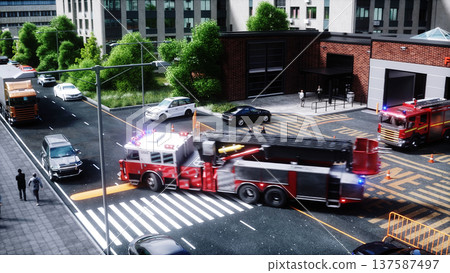 Fire truck quickly leaves for the call, garage door at fire department opens. 3d rendering. Fire truck quickly leaves for the call, garage door at fire department opens. 3d rendering. 137587497