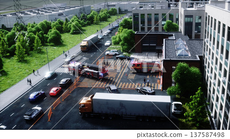 Fire truck quickly leaves for the call, garage door at fire department opens. 3d rendering. 137587498