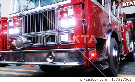 Fire truck quickly leaves for the call, garage door at fire department opens. 3d rendering. Fire truck quickly leaves for the call, garage door at fire department opens. 3d rendering. 137587508