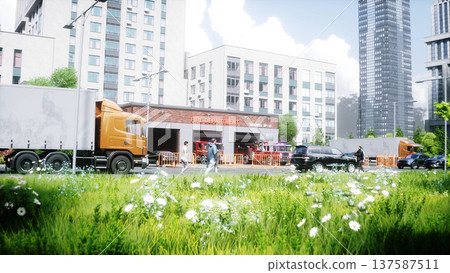 Fire truck quickly leaves for the call, garage door at fire department opens. 3d rendering. 137587511