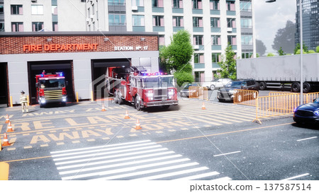 Fire truck quickly leaves for the call, garage door at fire department opens. 3d rendering. 137587514