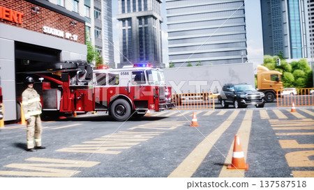 Fire truck quickly leaves for the call, garage door at fire department opens. 3d rendering. Fire truck quickly leaves for the call, garage door at fire department opens. 3d rendering. 137587518