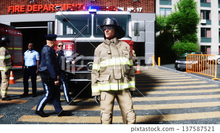 Fire station. A firefighter stands next to a fire engine. Fire trucks, their lights on, are ready to go. 3d rendering. 137587521