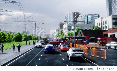 Fire truck quickly leaves for the call, garage door at fire department opens. 3d rendering. Fire truck quickly leaves for the call, garage door at fire department opens. 3d rendering. 137587522