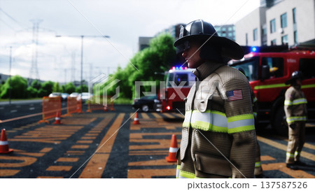 Fire station. A firefighter stands next to a fire engine. Fire trucks, their lights on, are ready to go. 3d rendering. Fire station. A firefighter stands next to a fire engine. Fire trucks, their lights on, are ready to go. 3d rendering. 137587526