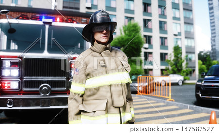Fire station. A firefighter stands next to a fire engine. Fire trucks, their lights on, are ready to go. 3d rendering. Fire station. A firefighter stands next to a fire engine. Fire trucks, their lights on, are ready to go. 3d rendering. 137587527