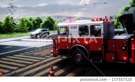 Fire truck quickly leaves for the call, garage door at fire department opens. 3d rendering. 137587528