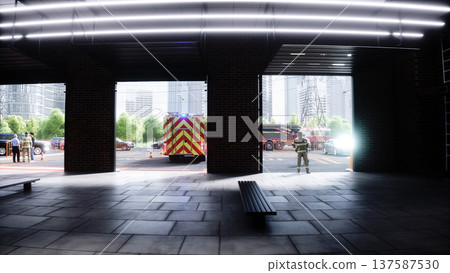 Fire truck quickly leaves for the call, garage door at fire department opens. 3d rendering. 137587530