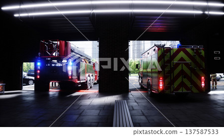 Fire truck quickly leaves for the call, garage door at fire department opens. 3d rendering. Fire truck quickly leaves for the call, garage door at fire department opens. 3d rendering. 137587533