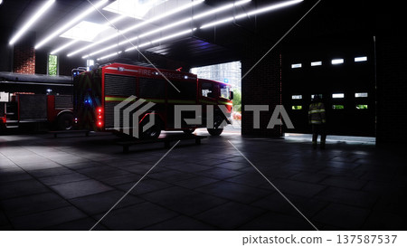 Fire truck quickly leaves for the call, garage door at fire department opens. 3d rendering. Fire truck quickly leaves for the call, garage door at fire department opens. 3d rendering. 137587537
