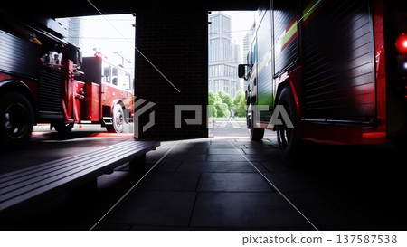 Fire truck quickly leaves for the call, garage door at fire department opens. 3d rendering. Fire truck quickly leaves for the call, garage door at fire department opens. 3d rendering. 137587538