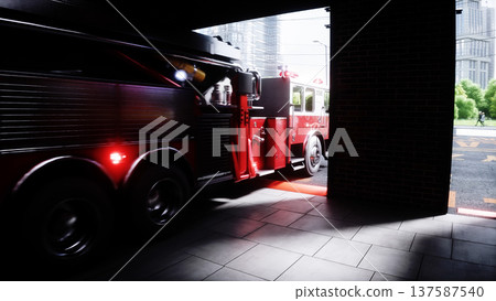 Fire truck quickly leaves for the call, garage door at fire department opens. 3d rendering. 137587540