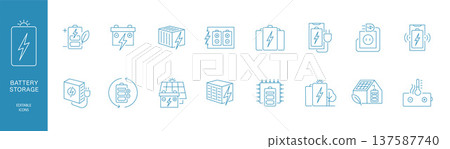Battery Storage and Energy Grid Line Icon Set, Renewable Power, Solar Battery, EV Charging, Smart Meter, Energy Management Vector Icons Battery Storage and Energy Grid Line Icon Set, Renewable Power, Solar Battery, EV Charging, Smart Meter, Energy Management Vector Icons 137587740