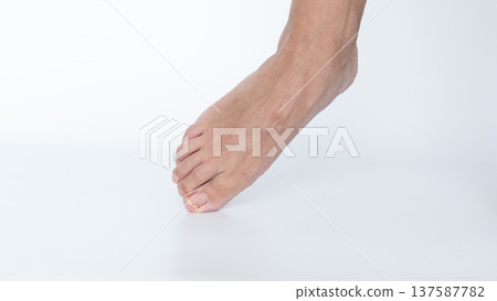 Close-up of a bare foot with well-groomed toes, showcasing skin texture and natural beauty against a clean white background with copy space Close-up of a bare foot with well-groomed toes, showcasing skin texture and natural beauty against a clean white background with copy space 137587782
