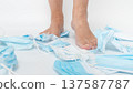 Bare feet standing on discarded blue medical masks scattered on a clean surface, symbolizing the end of a health crisis and environmental impact 137587787