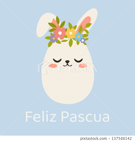 Cute pastel Easter card with bunny and Spanish Feliz Pascua Happy Easter text 137588142