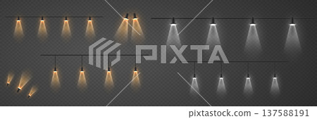 Track lighting spotlights projecting warm and cool light beams Track lighting spotlights projecting warm and cool light beams 137588191