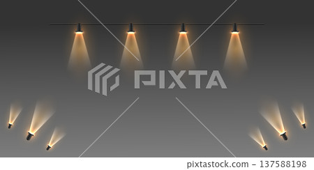Track spotlights illuminating empty stage background with warm light Track spotlights illuminating empty stage background with warm light 137588198