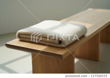 closeup of white bath towels on table 137588335