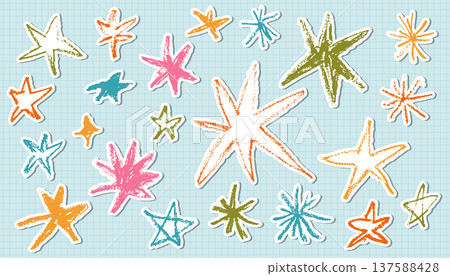 Hand-drawn colorful stars stickers set with a textured oil pastel and crayon effect on a light blue grid background. Hand-drawn colorful stars stickers set with a textured oil pastel and crayon effect on a light blue grid background. 137588428