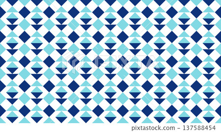 Seamless geometric pattern with blue and white diamonds and triangles in a rhythmic, tribal-inspired arrangement. 137588454