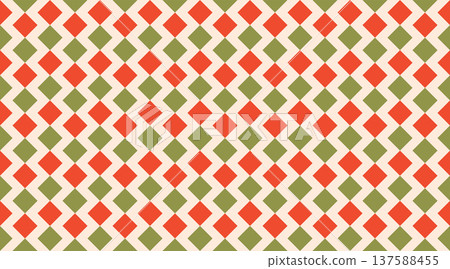 Seamless geometric pattern featuring red and green diamonds in a rhythmic zigzag arrangement on a cream background. Seamless geometric pattern featuring red and green diamonds in a rhythmic zigzag arrangement on a cream background. 137588455