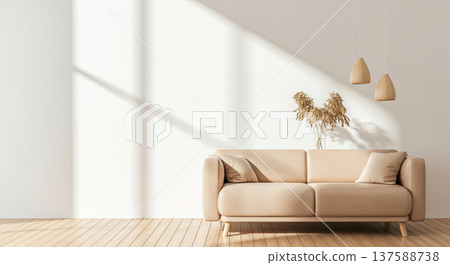 Cozy modern living room with minimalist beige sofa, stylish pendant lights 137588738