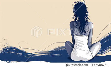 A woman sits on the ground, facing away, in a minimalist art style 137588739